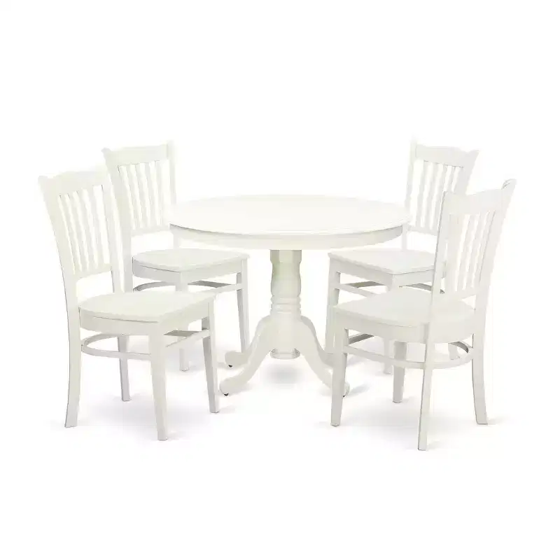 HomeStock Belmont 5 Piece Dining Room Furniture Set Includes a Round Dining Table with Pedestal and 4 Wood Seat Chairs, 42x42 Inch, Linen White