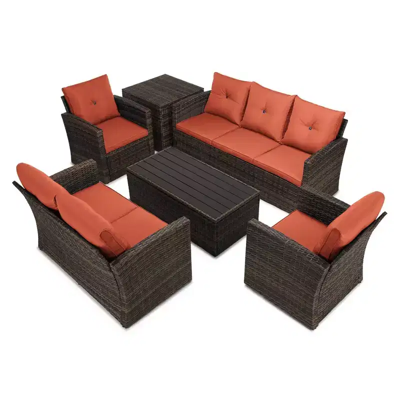 6pc Wicker Outdoor Conversation Set with Cushions - Orange - EDYO LIVING: Resin Rattan, Polyester Foam