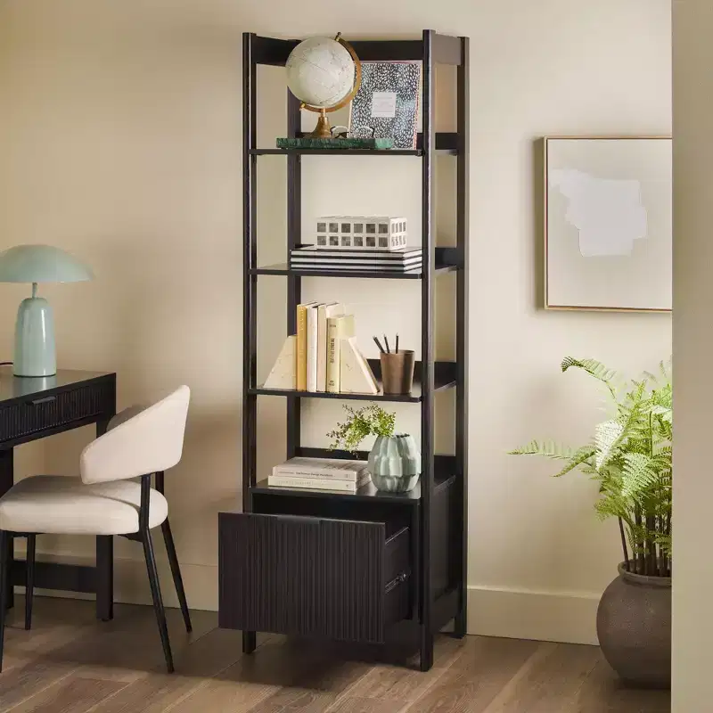 Black Narrow Tall Bookshelf with 4 Open Shelves and Reeded Drawer, Single