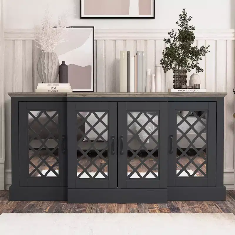 4-Door Accent Sideboard with Mirrored Cut-Out Doors, 60.4
