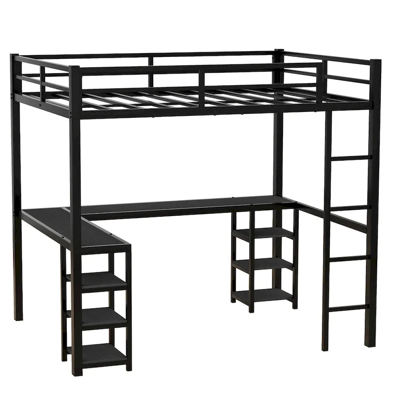 Full Metal Loft Bed with Desk and Shelves