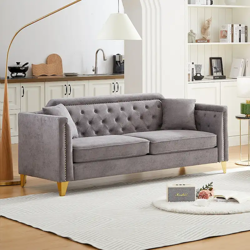 Grey 61.5 Chenille 3-Seater Tufted Sofa with Copper Nail Arms, 2 Pillows