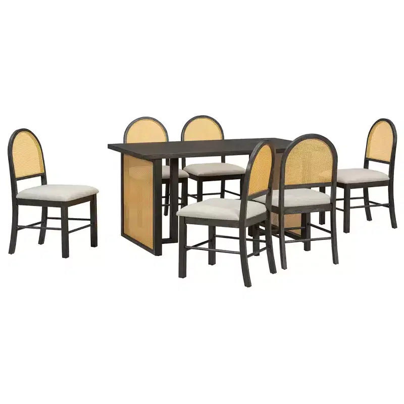 GDFStudio Rose 7 Piece Farmhouse Dining Table Set with 59.8 Rectangular Dining Table and Upholstered Rattan Chairs