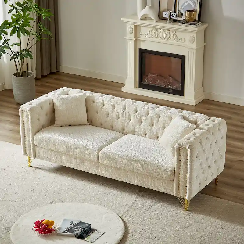 3-Seat Chenille Tufted Chesterfield Sofa with Metal Legs
