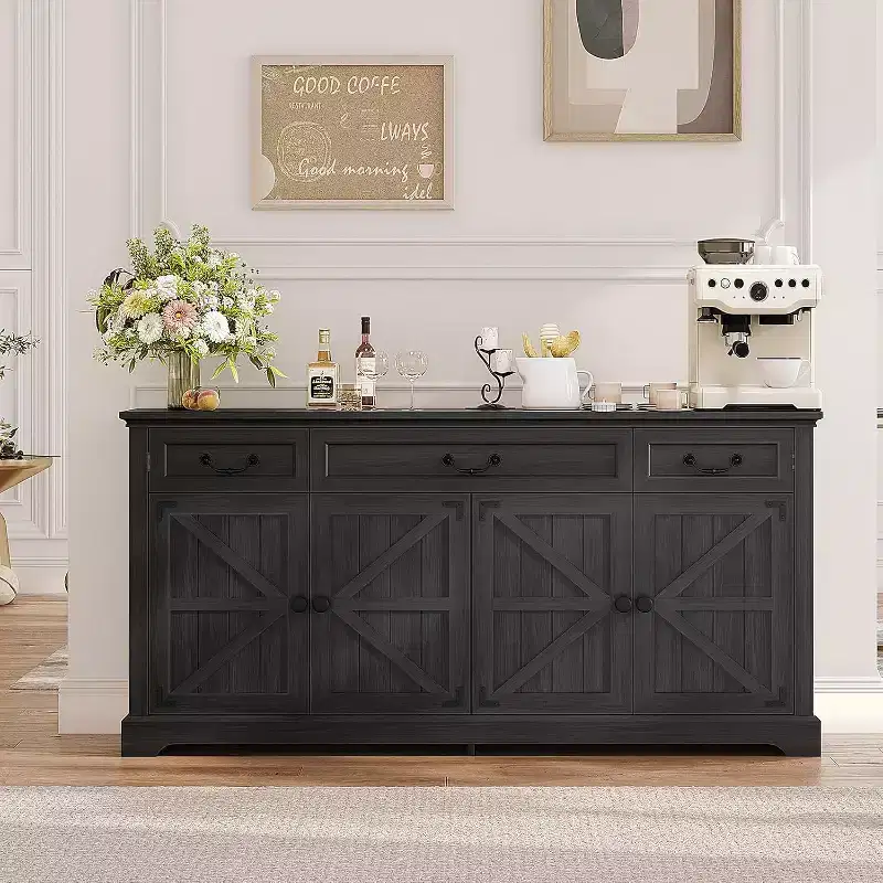 Dyonery 65 Large Buffet Storage Cabinet, Farmhouse Kitchen Sideboard Buffet with 3 Drawers and 4 Doors, Coffee Wine Bar Cabinet with Storage, Walnut