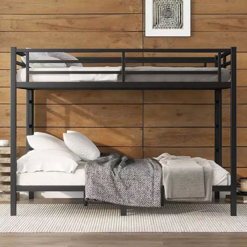 Okak 82.68IN Queen-Over-Queen Bunk Bed with Metal Frame, Space-Saving Twin Bed with Safety Guardrails, Noise Reduced Twin Bed for Teens, Adults, Black