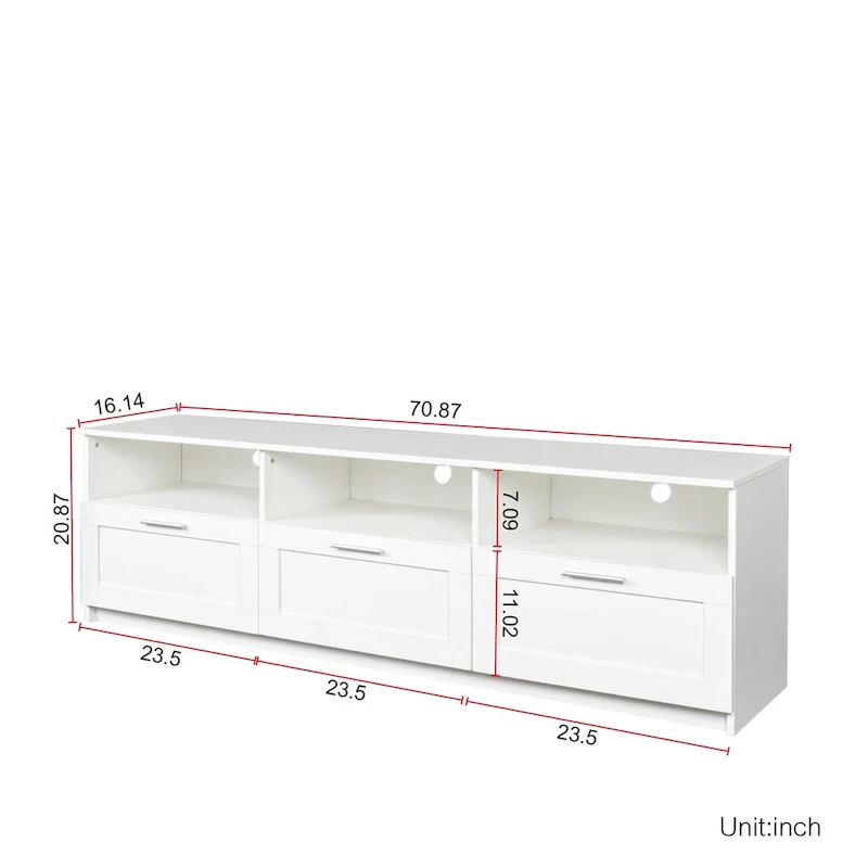 70-Inch TV Stand with Open Shelves and Drawers — White