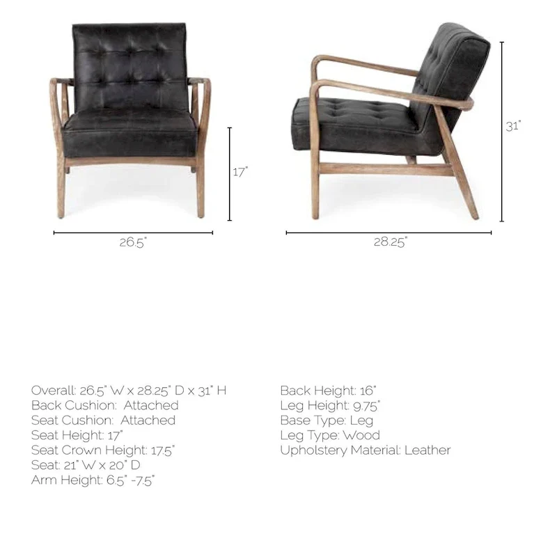 Phineas Black Genuine Leather & Brown Solid Wood Frame Accent Chair