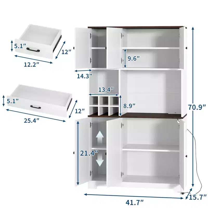 71 Inch Tall White Kitchen Pantry Cabinet, Modern Farmhouse Kitchen Hutch Storage Cabinet, Freestanding Coffee Bar Station with Storage