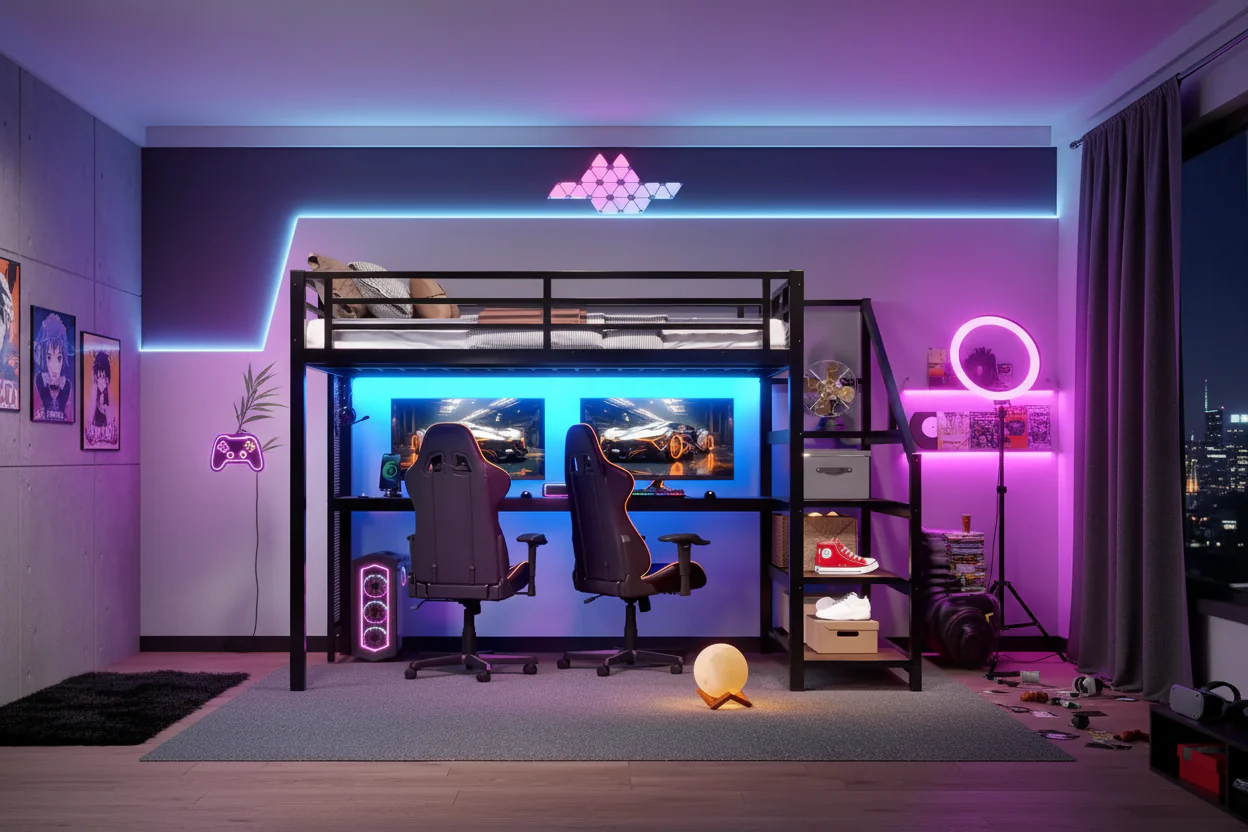 Full/Queen Size Metal Loft Bed with Desk, LED Light, USB Ports, Storage Stairs & Multifunctional Iron Nets, Black