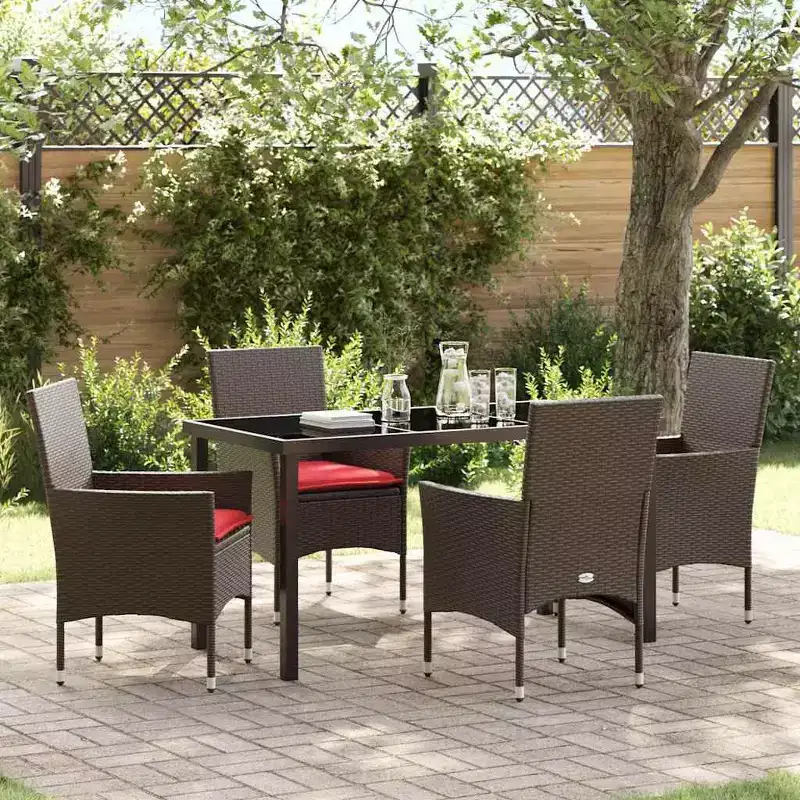 vidaXL Table and Chair Set with Cushion 5 pcs Brown PE Rattan