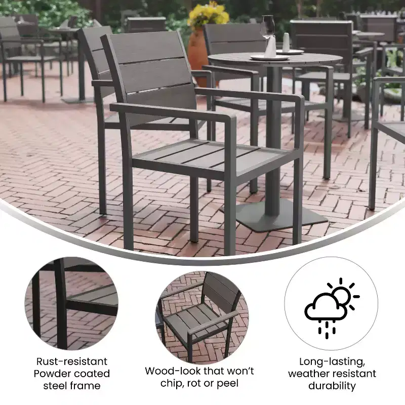Flash Furniture Finch Commercial Grade Patio Chair with Arms, Stackable Side Chair with Faux Teak Poly Slats and Metal Frame