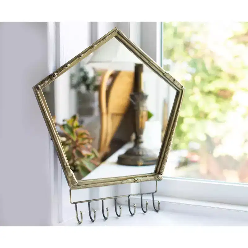 Pentagon Wall Mirror with Hooks and Decorative Wand Design