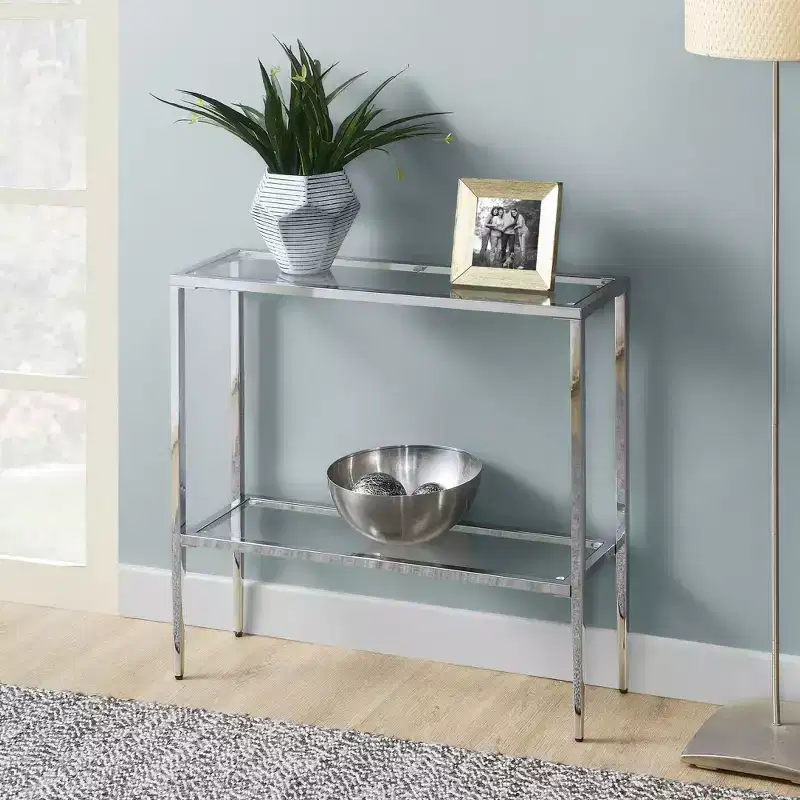 Breighton Home Nadia Glass Chrome Entryway Hall Table with Shelf in Glass/Chrome