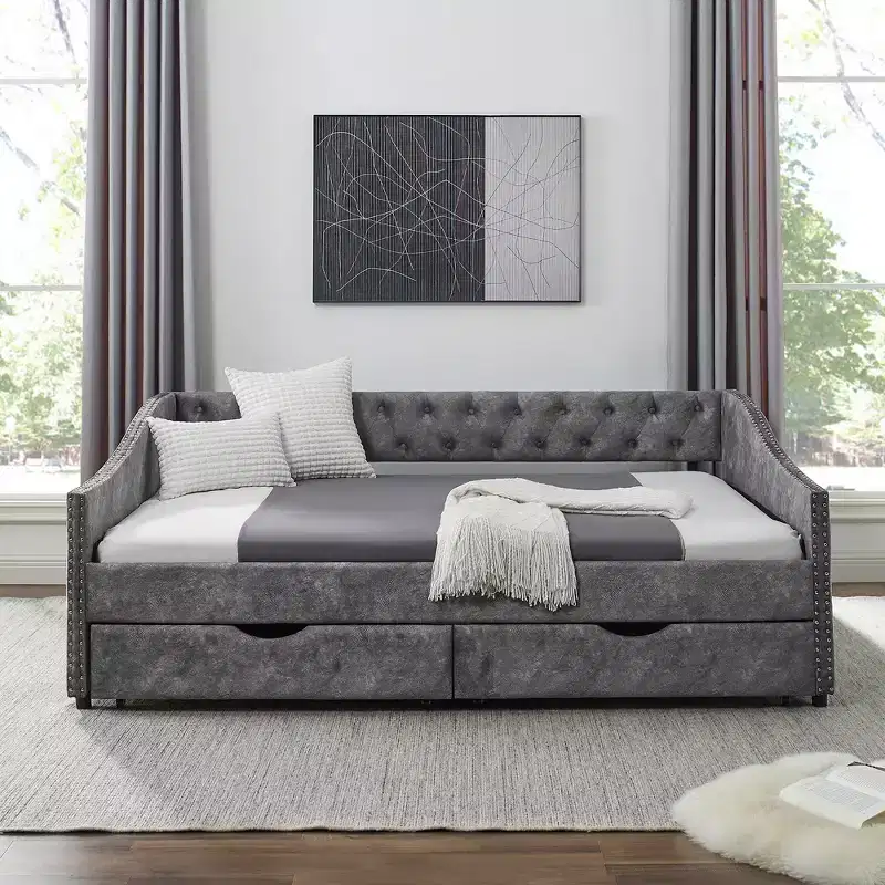 Full Size Upholstered Button Tufted Sofa Bed with Drawers and Waved Shape Arm, Gray - ModernLuxe