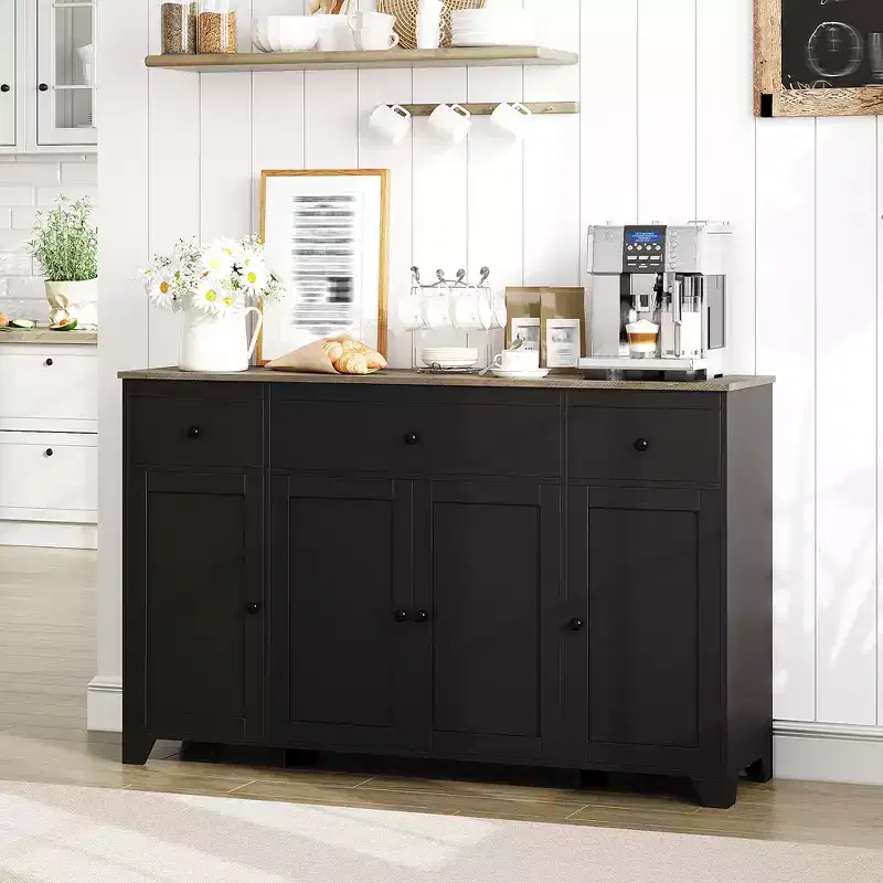 Storage cabinet, sideboard with 3 drawers and 4 doors, 55 inches with adjustable shelves for dining room living room entryway