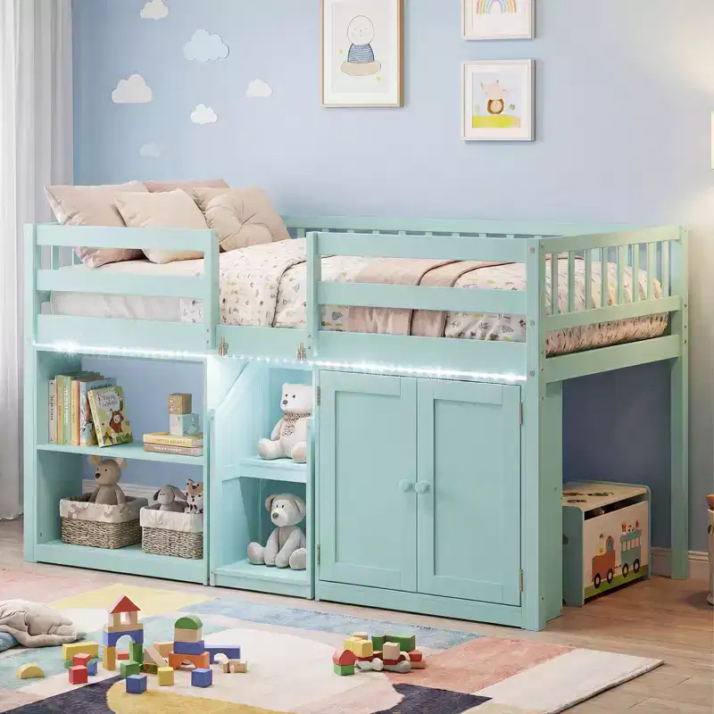 Twin Low Loft Bed with LED Light, Stairs & Guardrails, Modern Pine Wood Kids Bed, White/Mint/Gray