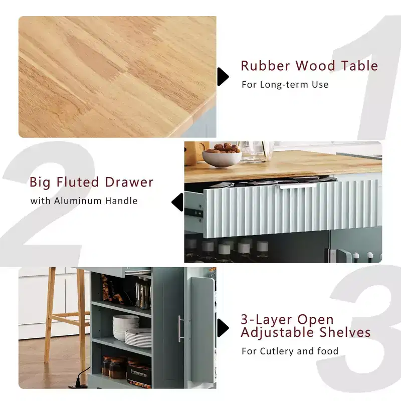 Whisen Classic Style Kitchen Islands on 5 Wheels with 3 Drawer and 3 Open Side Racks