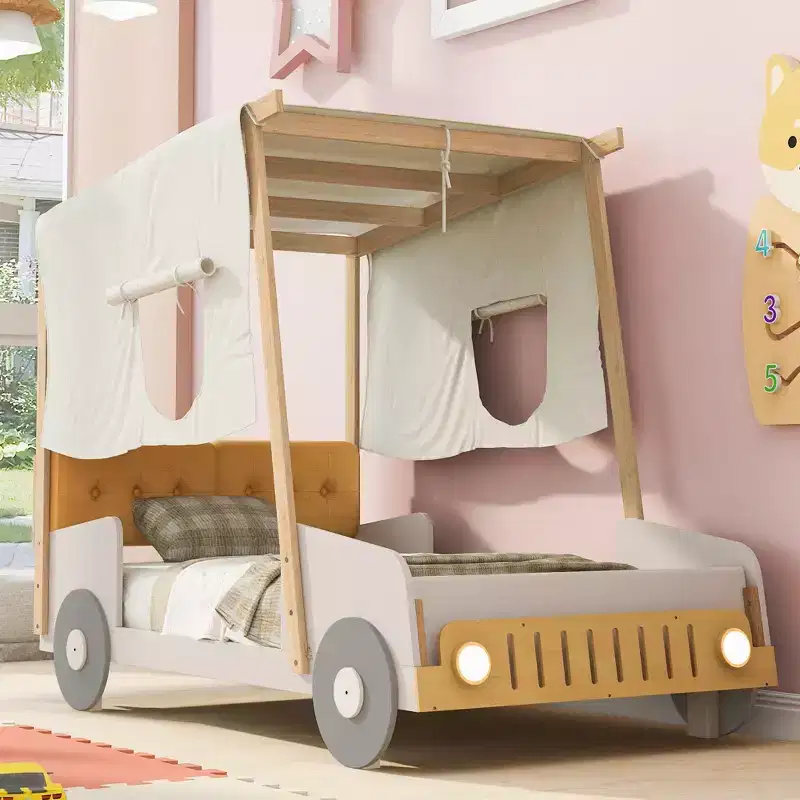 Wood Car Bed with Pillow, Ceiling Cloth and LED Natural