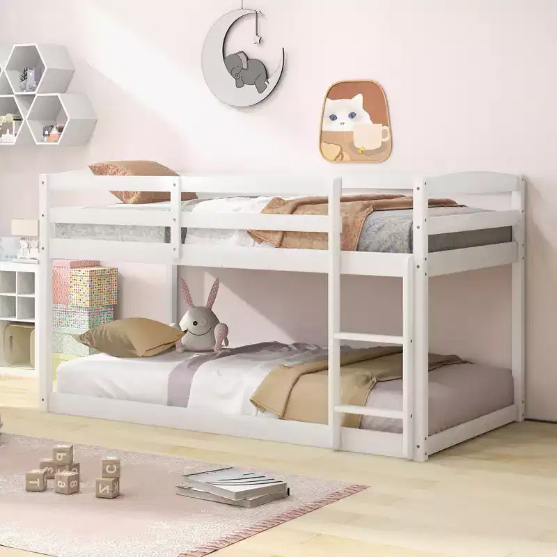 Costway Twin over Twin Low Bunk Bed with Guardrails Integrated Ladder Kids Wooden Grey/White/Beige/Pink