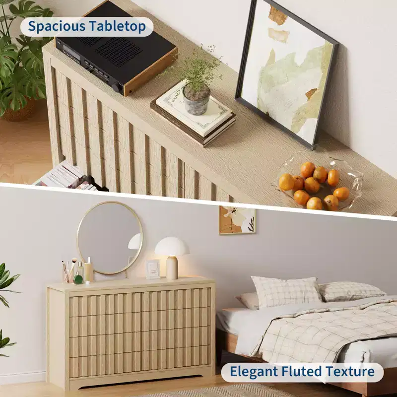 Fluted Dresser for Bedroom with 8 Drawers, Chest of Drawers, Wooden Dresser TV Stand, Wood Clothes Closet Organizer with Deep Storage