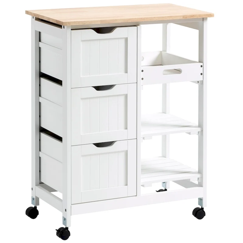 Rolling Kitchen Island Cart with Wood Top, Shelves and Drawers