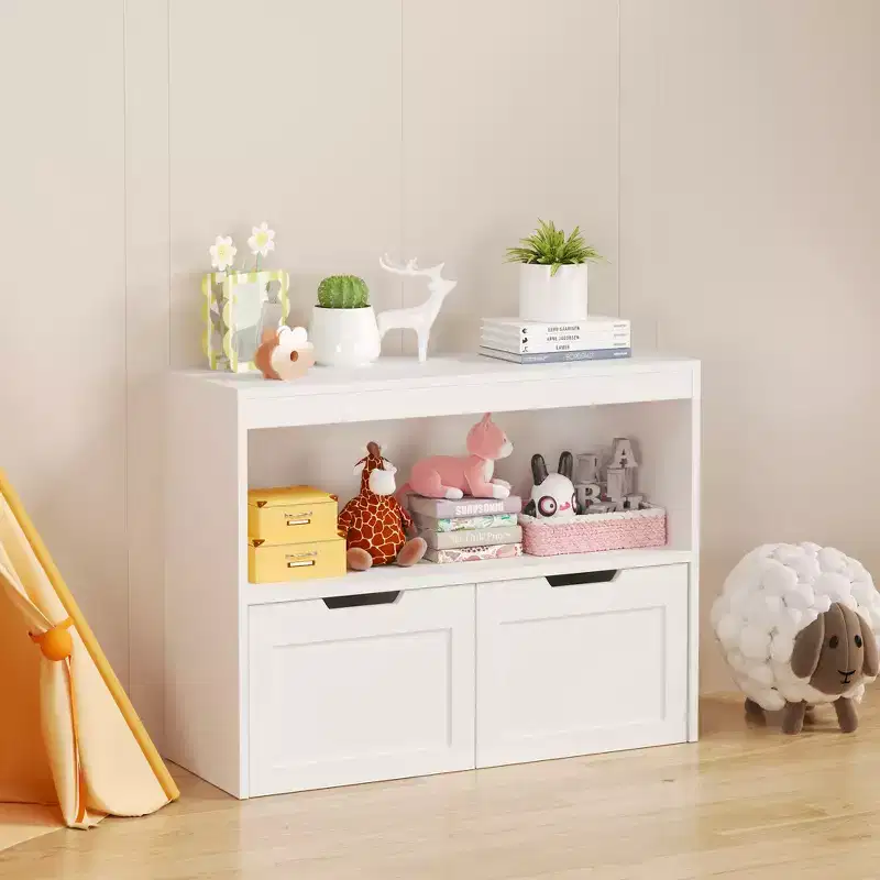 Toy Storage Cabinet Organizer & Book Organizer with 2 Drawers, Open Shelves, Large Capacity, Durable MDF - White