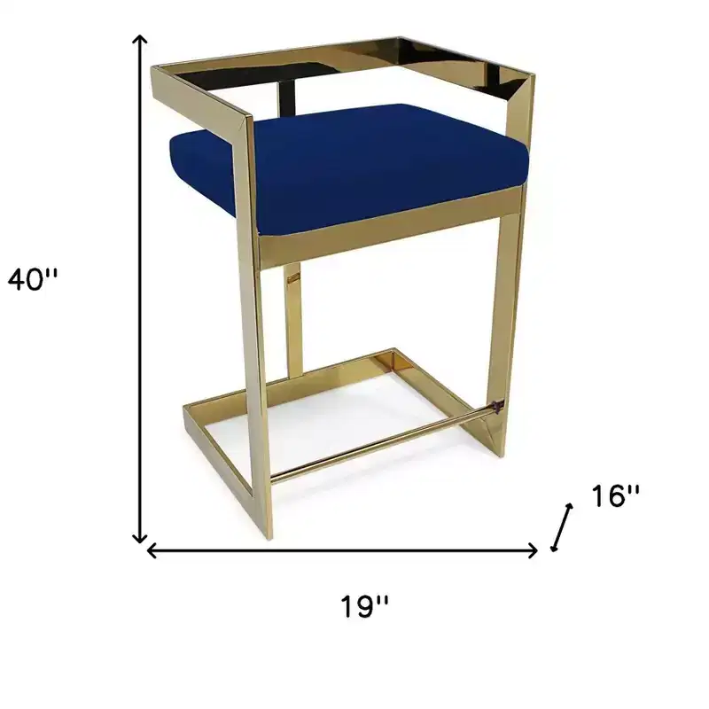 30 Blue and Gold Metal and Velvet Low Back Bar Height Bar Chair