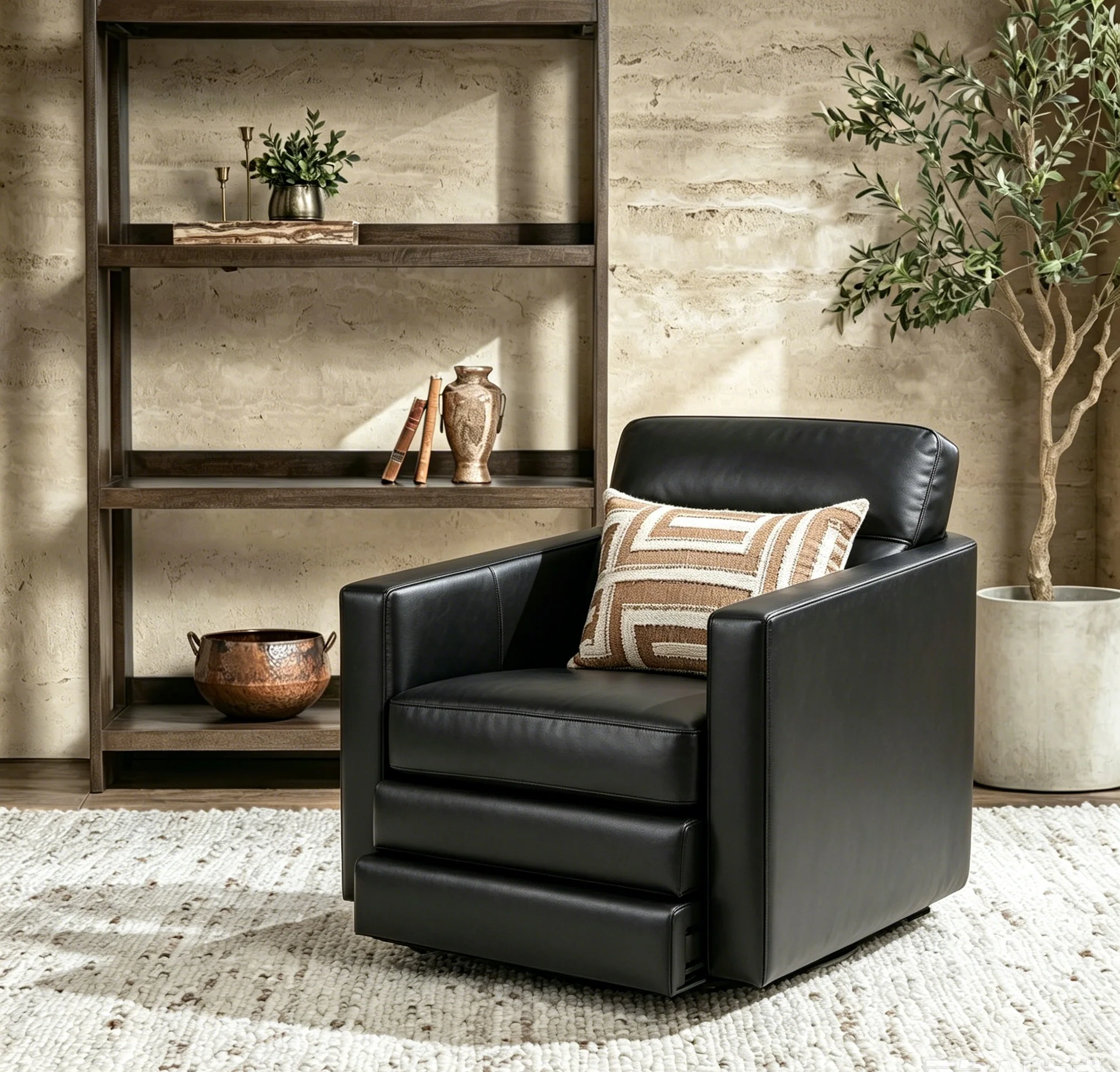 Wide Genuine Leather Swivel Accent Chair with Metal Base