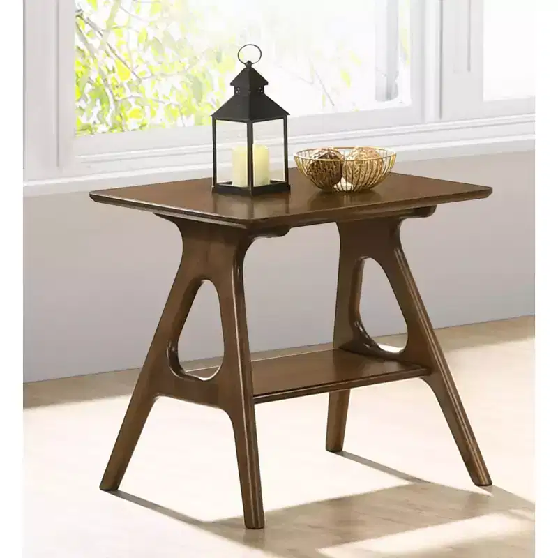 Mid-Century End Table with Rubberwood Legs, Side Table with Bottom Shelf, Narrow Side Table for Small Space, Living Room, Brown