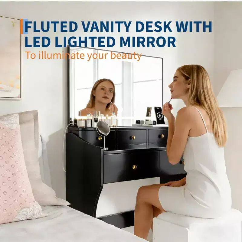 31.5 Makeup Vanity Set with Lighted Mirror and Stool - Features 3 Color Lighting Modes, Power Outlet and Hairdryer Holder