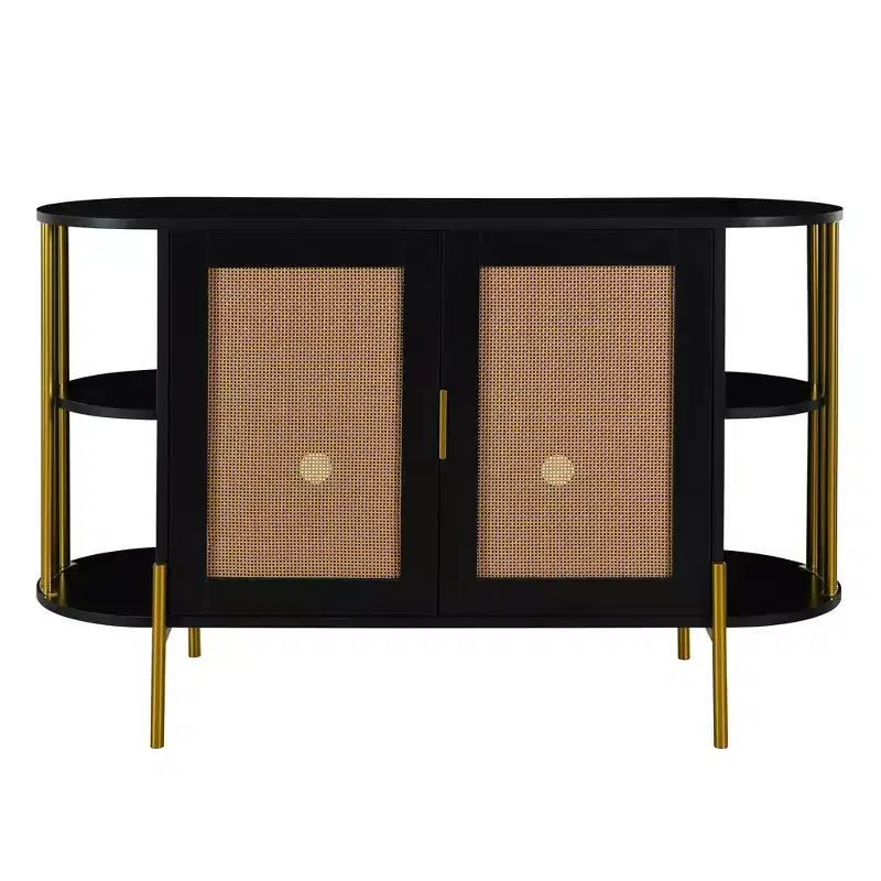 Hostack 2-Door Curved Sideboard Cabinet with Gold Trim and Woven Door Buffet Storage for Dining&Living Room, Black