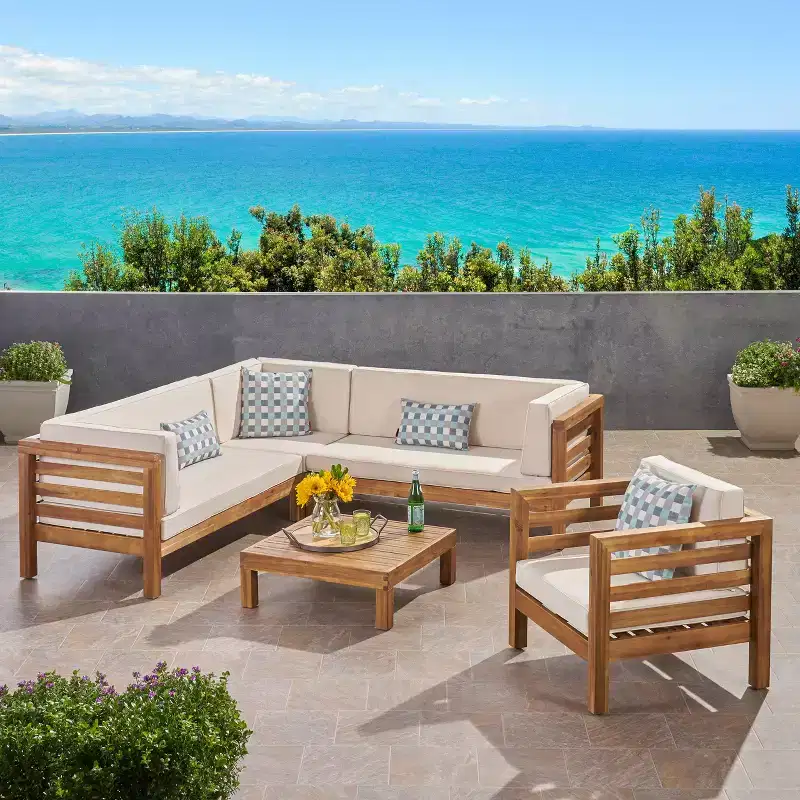 Christopher Knight Home Oana Outdoor Acacia Wood 6 Seater Sectional Sofa Chat Set with Cushions