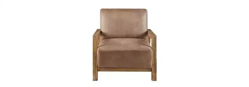 Accent Chair, Taupe and Natural, Solid Wood Arms with Reclaimed Finish and Polyurethane Leather