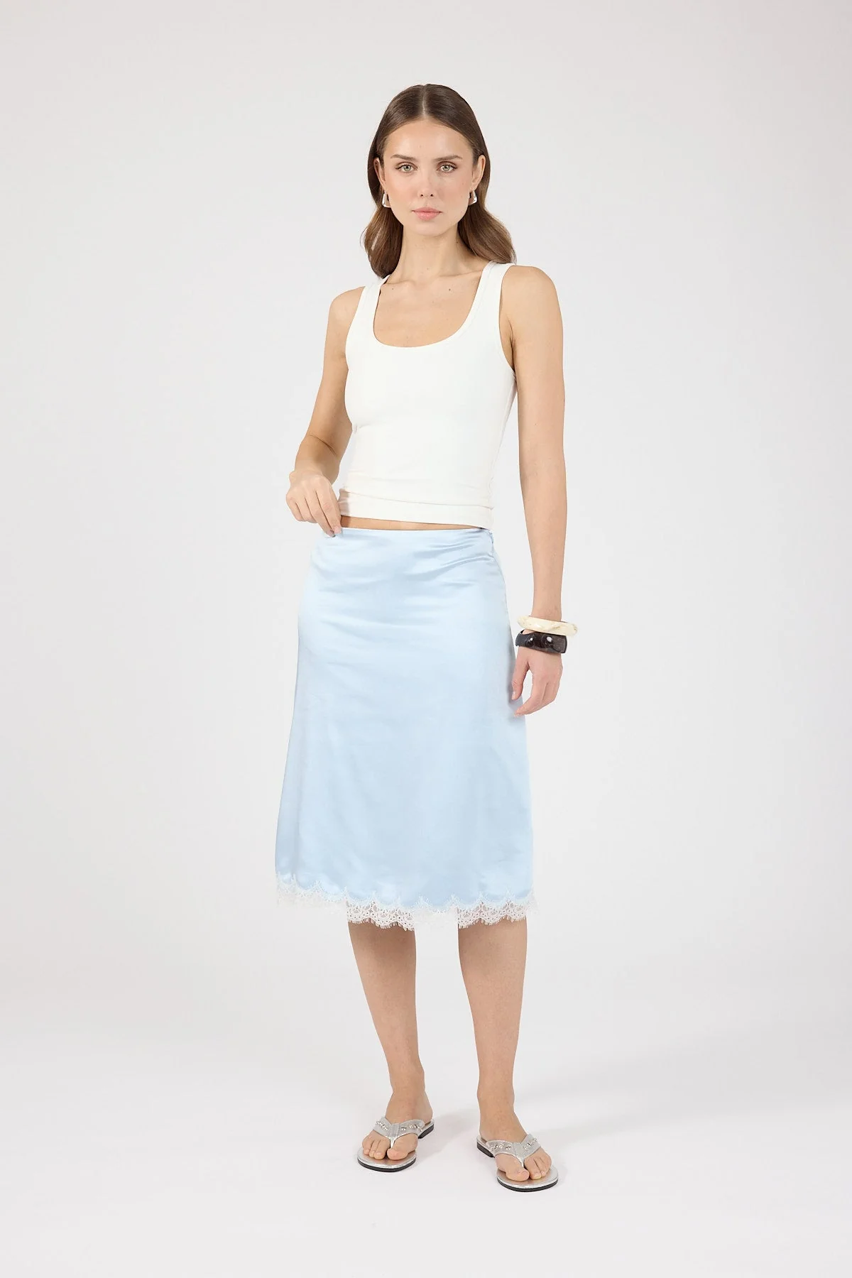 Satin Lace Midi Skirt Blue/White