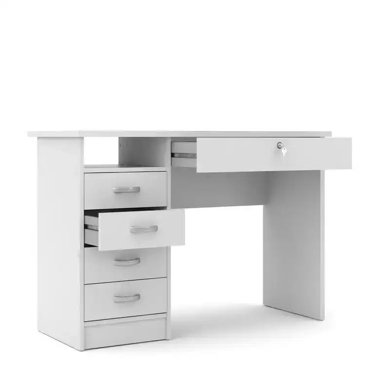 Writing Desk with 5 Drawers White Foil Finish Lockable Drawer Metal Glides Home Office
