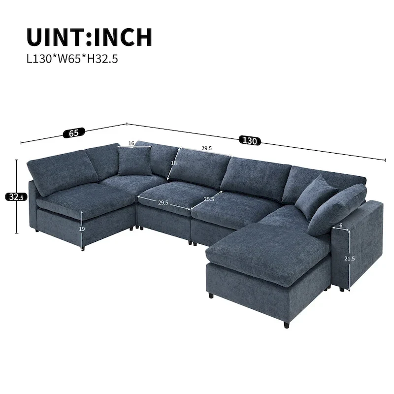 Modular 6-Seat Chenille Sectional Sofa Bed with Ottoman, Convertible U-Shape,Dark Blue