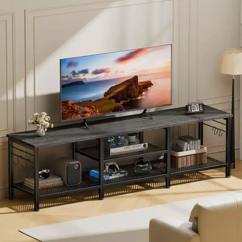 Qwatto 63 Inch Black Oak TV Stand for TVs up to 70 Inch Media Console Entertainment Center with Soundbar Shelf Open Storage Shelves Living Room Decor