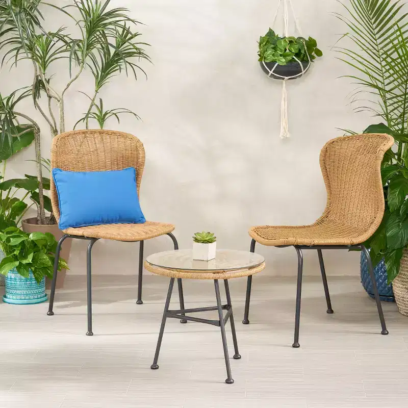 Christopher Knight Home Spinnaker Boho Outdoor Wicker and Tempered Glass 3 Piece Chat Set, Light Brown/Black