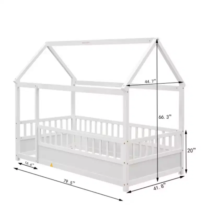 One-person Measure Low-level Wooden Bed equipped features House Roof Frame, Fence Guardrails
