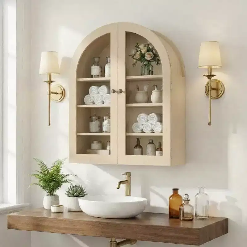 Modern Arched Wall Mounted Medicine Cabinet, Adjustable Shelves, Modern Wood Storage, for Kitchen, Living Room