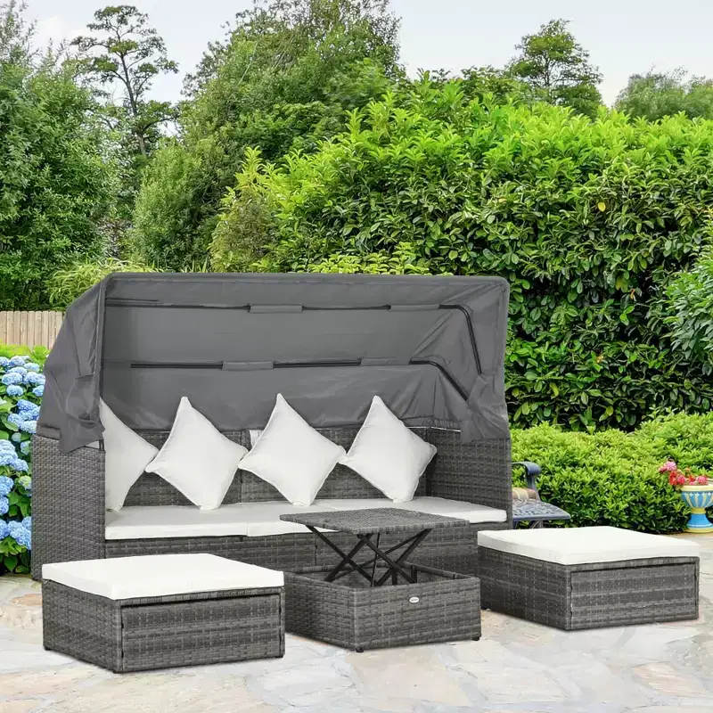 Outsunny 4 Piece Adjustable Canopy Outdoor Rattan Sofa Set, Wicker Patio Furniture Set with Height Adjustable Coffee Table & Cushions