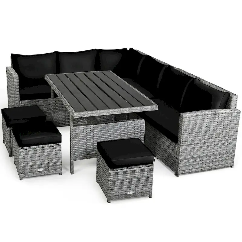 7 Pcs All-Weather Patio Rattan Dining Furniture Sectional Sofa Set with Wicker Ottoman and Cushed Couch