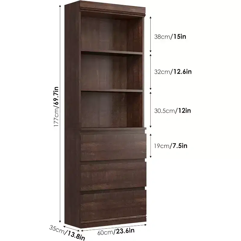 COZONY 70 Tall Bookcase with Drawers, Deep Wooden Bookshelf Storage Cabinet Organizer, Farmhouse Style, Home Office/Living Room, Brown