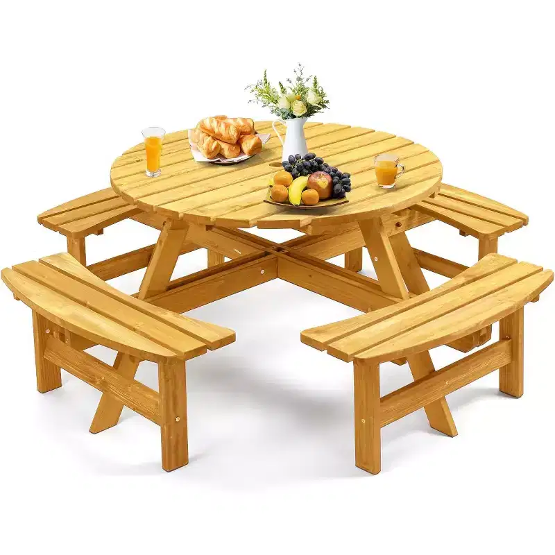 Zevemomo 8 Person Wood Picnic Table,Round Tabletop with Umbrella Hole,4 Built-in Curved Benches,2220LBS Total Capacity for Backyard,Light Wood Color
