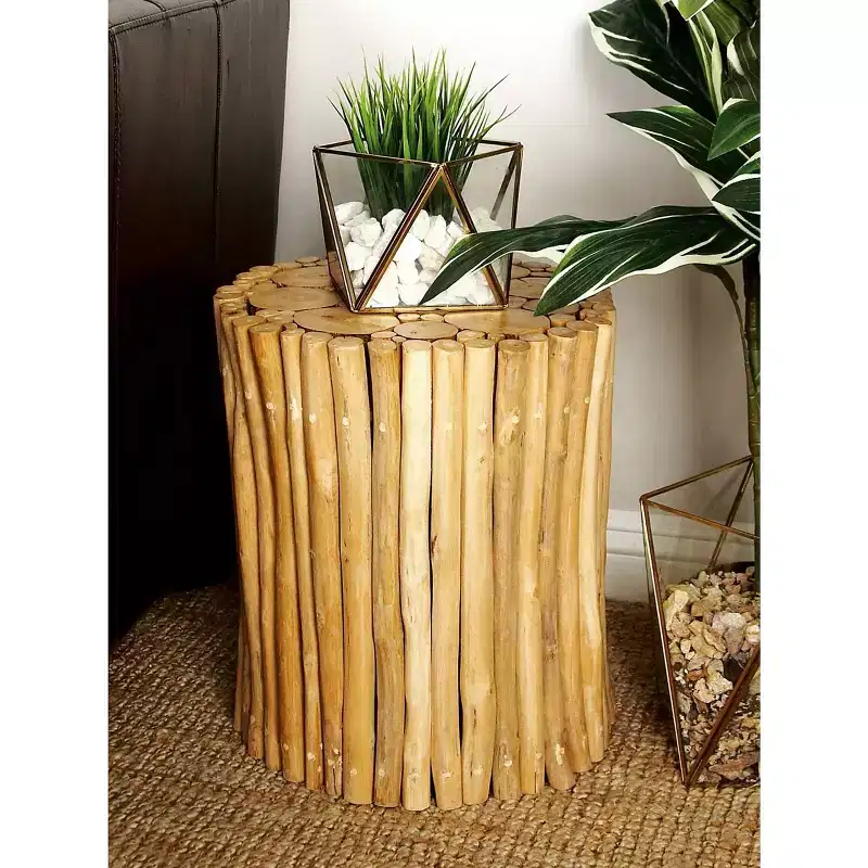Olivia & May Contemporary Teak Wood Cylinder Side Table Brown: Handcrafted, No Assembly, Indoor Use