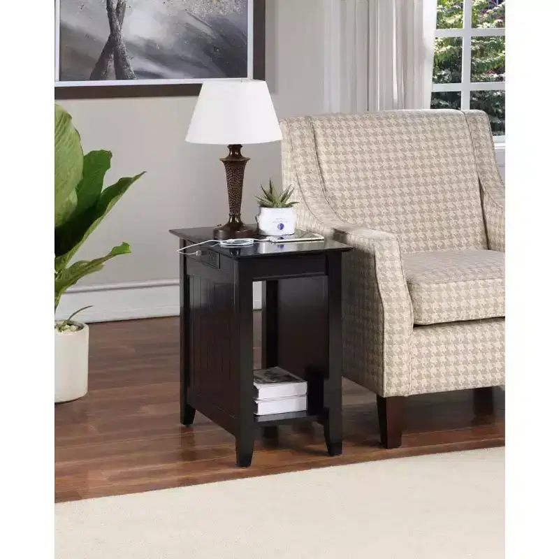 Rectangle Wood End Table with Built-In Charging Station, 2 Outlets & 2 USB Ports, Black