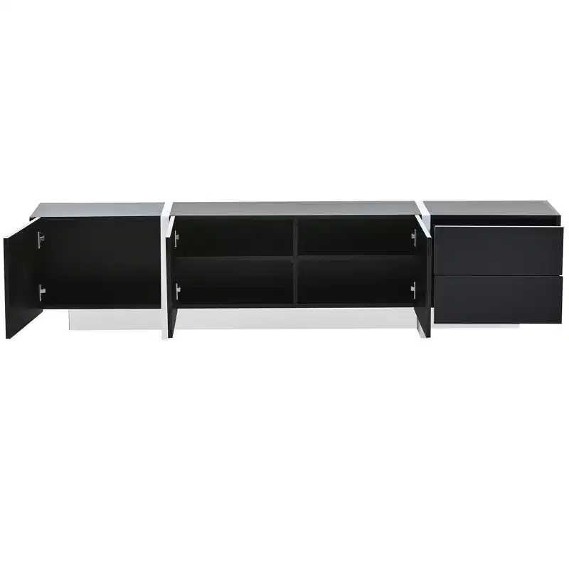 TUYOHW Modern TV Stand with High Gloss UV Surface for TVs up to 80 Inches,Entertainment Center with 3 Cabinets and 2 Drawers,Black