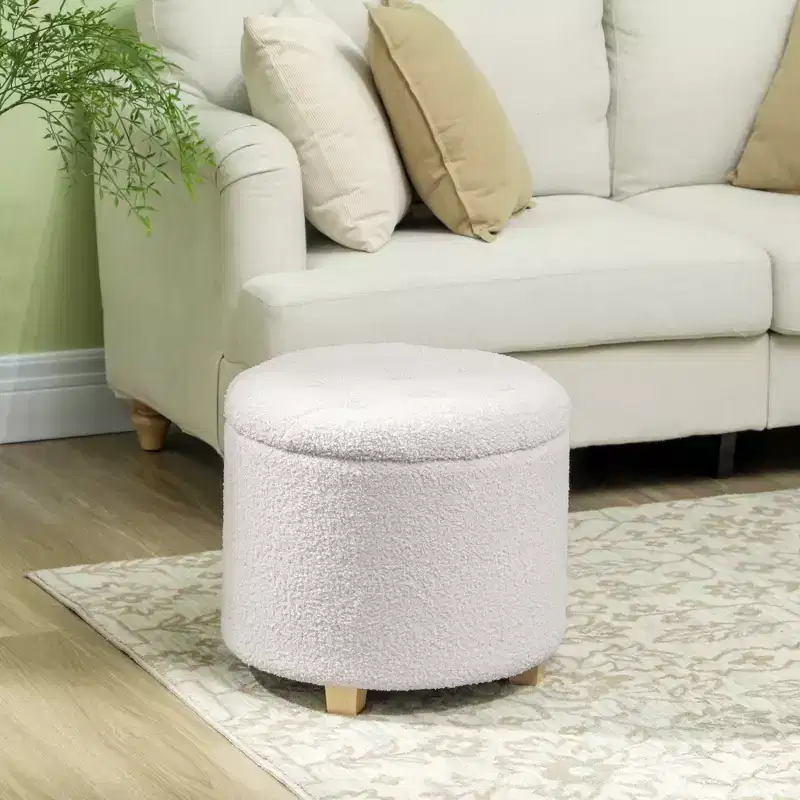 18 Round Ottoman with Storage, Teddy Fleece Button Tufted Bedroom Stool with Removable Lid and Wood Legs for Living Room, Hallway, White