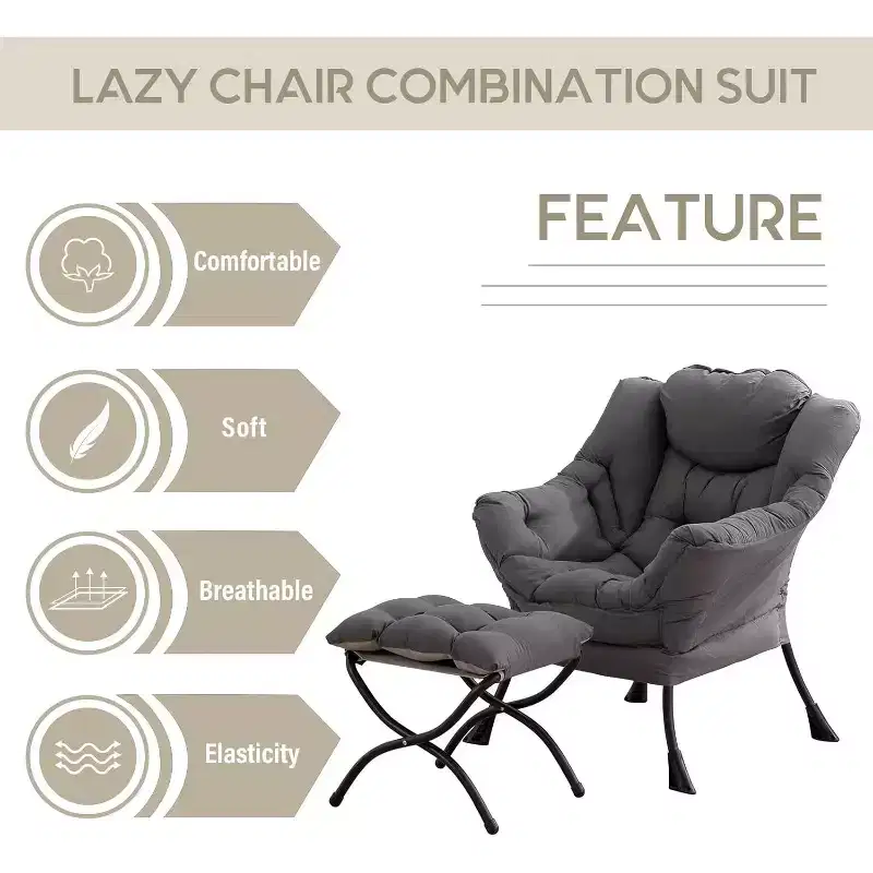 Accent Leisure Armchair with Ottoman, Side Pocket & Armrests – Dark Grey
